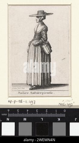 Frau Antverpiensis, Wenzelaus Hollar, 1643 Frau aus Antwerpen, im Profil links, auf dem Kopf ein Hut mit einem Band um den niedrigen Ball und breite Kante. Großer weißer flacher Kragen über dem Körper; Eine weiße Schürze über dem Rock. Schuhe mit Absätzen. Papierätzkopf: Hut (+ Damenbekleidung) Antwerpen Stockfoto