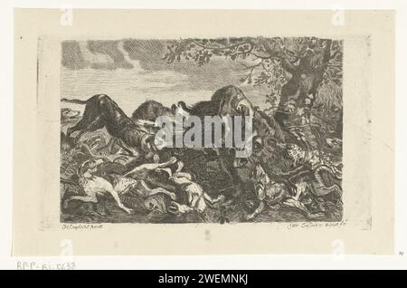 Jagd auf ein Wildschwein, Jan Cassiers, nach Frans Snijders, 1700 - 1800 Print Jagdhunde greifen ein Wildschwein an. Das Wildschwein versucht sich zu verteidigen, aber die Hunde haben es umzingelt. Papierätzung von Jagdhunden. Sport, Spiele  Tiere (+ Jagd mit Hunden). Wildschweinjagd. Eber (männliches Schwein) Stockfoto