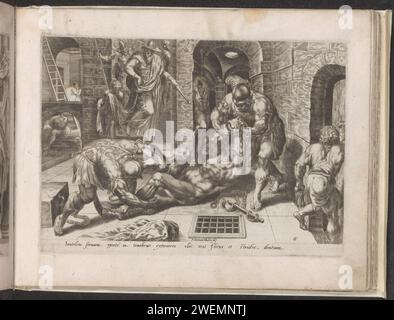 Böser Diener in ein dunkles Verlies geworfen, 1565–1572 Druck der böse Diener, der sein Talent begraben hatte, wird an Händen und Füßen gefesselt und in ein dunkles Verlies gelegt. Unten auf der Treppe steht sein Herr, der ihn anweist, ihn in den Kerker zu werfen. Unter der Aufführung ist ein lateinischer Verweis auf den Bibeltext zu finden. Dieser Ausdruck ist Teil eines Albums. Zwei Diener werden belohnt, der dritte wird in die äußere Dunkelheit gegossen Stockfoto