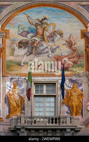 Renaissance-Fresko am Palazzo San Giorgio, erbaut 1260, Piazza Caricamento, Genua, Italien Stockfoto