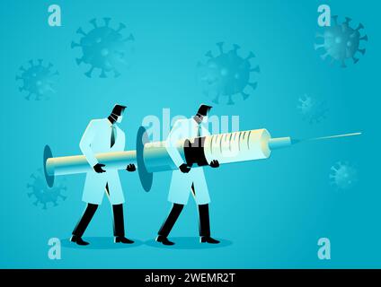 Vektorgraphische Illustration eines Ärzteteams mit Spritze. Konzept der Coronavirus-Behandlung und klinischer Versuch während der Pandemie Stock Vektor