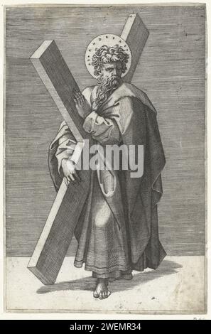 Apostel Andreas traf Kruis, Marcantonio Raimondi, nach Rafaël, 1517 - 1527 Druckpapier mit dem Stich des Apostels Andreas; mögliche Attribute: Buch, X-förmiges Kreuz, Fisch, Fischnetz, Seil, scrollen Stockfoto