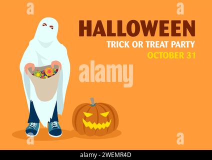 Kind, das Süßigkeitstasche hält, glückliche Halloween-Party-Einladung, Vektor-Zeichentrickillustration Stock Vektor