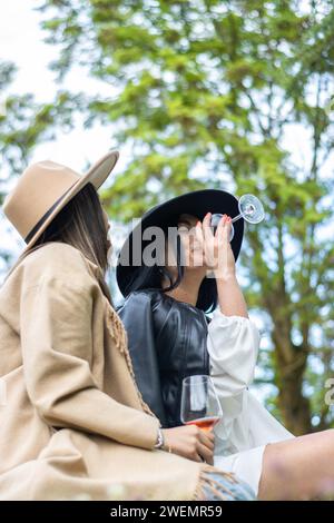 Lebensstil junger Freunde in Hüten, die auf dem Gras sitzen und mit Wein rösten. Seitenansicht von zwei Freundinnen in Hüten sitzen und Wein trinken Stockfoto