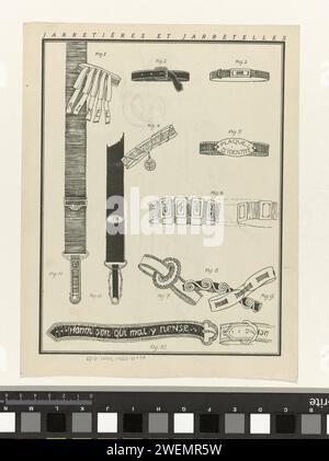 Gazette du Bon Ton, 1922 - Nr. 8: Jarretières and Jarretelles, Anonym, 1922 Kousenbanden in Gefängnissen. Nein, ich uit Gazette Skizze des guten Tons 1922, nein 9. Uitleg über Zubehör op pagina 'Beschreibung und Erläuterung der Einsätze und Skizzen. Papier Buchdruck, der Modeplatten druckt. Hosenträger, Hosenträger (+ Damenbekleidung) Stockfoto