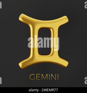 3D goldenes Sternzeichen Gemini auf dunklem Hintergrund. Stock Vektor