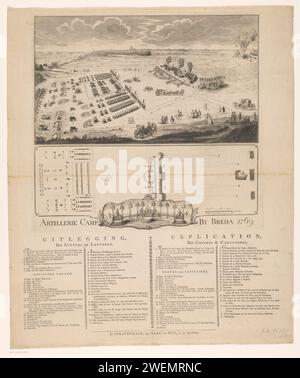 Campingplatz der Staatsarmee bei Breda, 1769, Anonym, 1769 Print Ansicht des Artillerielagers der Staatsarmee außerhalb von Breda, wo die Armee im Juni 1769 Übungen abhielt. Oben auf einer Darstellung der Schießübungen, unten eine Karte des Trainingsbereichs mit Schießplatz und Armeelager, mit einer Schüssel unten rechts: Echelle die 200 Pass Eine 2 Pässe 1/2/Größe von 200 Pässen von 2 1/2 Fuß. In der Mitte eine Kartusche mit den Zelten des Prinzen. Auf der Zeitschrift unter dem Teller Legenden in Niederländisch und Französisch. Papiergravur/Gravur/Buchdruckmanöver  Militärzug Stockfoto