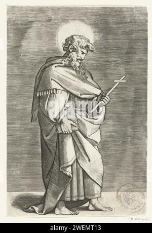 Apostel Filippus traf Kruis, Marco Zahn, nach Marcantonio Raimondi, nach Rafaël, 1517 - 1527 Druckpapier mit dem Stich des Apostels Philipp; mögliche Attribute: Buch, Kreuz, Schüssel mit Schlange, Lanze, Scroll, Stein, Schwert Stockfoto