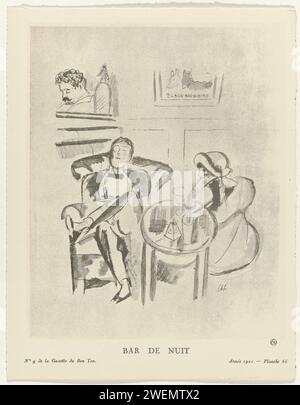 Gazette du Bon Ton, 1921 - Nr. 9, pl. 66: Nachtbar, Charles Laborde, 1921 Mann. Sitzend mit den Beinen übereinander, in einem Smoking. Zigarre in der Hand. Neben ihm ist eine Frau, die auf dem Rücken gesehen wird, mit einer Cloche (Topfhut) auf dem Kopf. Hinter der Bar ein schlafender Mann. Planche 66 aus Gazette du Bon Ton 1921, Nr. 9. Erläuterung des Aufdrucks auf Seite "Explication des Planches horstexte. Contenues Dans Le Numéro 9. Papier Buchdruck, der Modeplatten druckt. gasthof, Kaffeehaus, Gasthaus usw. Kopfbedeckung (+ Damenkleidung). Kombinationen von Kleidungsstücken (ANZUG) (+ Herrenkleidung) Stockfoto