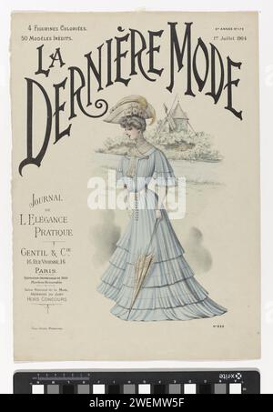 The Fashion Magazine as temptress, 1904 Cover der Zeitschrift "La Dernière Mode" (1896-1904?). Frau in einem Kleid, halblangen Ärmeln und Saum mit Plisseestreifen aus Stoff verziert. Zubehör: Hut mit Blumen und Federn, Gürtel, Regenschirm oder Regenschirm. Eine Mühle im Hintergrund. Verso: Informationen über das Magazin. Papierteller. Kleid, Kleid (+ Damenkleidung). Gehstock, Personal, Stock (+ Mädchenkleidung). Windmühle in der Landschaft. Gürtel, Gürtel, Taillenbund (+ Damenbekleidung) Stockfoto