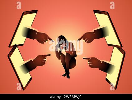 Deprimierte Frau, die auf dem Boden sitzt und ein Smartphone hält, auf das die Hände zeigen, die vom Smartphone erscheinen Stock Vektor