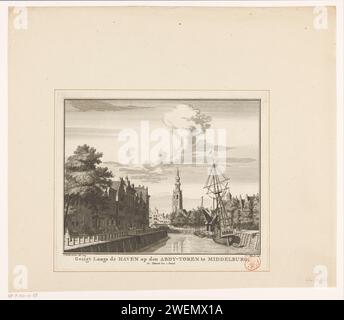 Ansicht des langen Jan (Abdijtoren) in Middelburg, 1743, Jan Caspar Philips, nach Cornelis Pronk, 1746 - 1760 Print Ansicht des langen Jan, auch bekannt als Abteiturm, in Middelburg. Im Vordergrundteil des Hafens. In der Situation um 1743. Papierätzkirche (außen). hafen. Aussicht auf die Stadt, Stadtpanorama, Silhouette der Stadt lange Jan. Middelburg Stockfoto