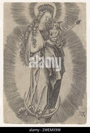 Madonna on the Moon mel., Monogrammist AC (16. Jahrhundert), nach Albrecht Dürer, 1520–1562 Druck gekrönt Maria mit Christuskind auf der Mondsichel umgeben von Düsenkranz. Papiergravur Madonna auf der Mondsichel (manchmal Himmelskönigin genannt) (in Mandorla) Stockfoto