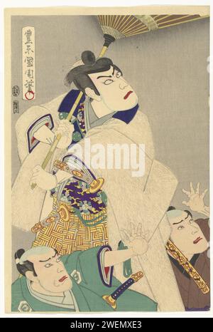 SAMOERAI AOYAMA EN HET SPOOK OKIKU. , Toyohara kunichika, 1892 Druck den unteren Teil eines Triptychons, in dem der Schauspieler Ichikawa Danjuro wie der Samurai Aoyama aufblickt. Zwei Helfer neben ihm. Papierfarbe Holzschnitt Geist, Geist Stockfoto
