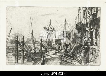 Limehouse, James Abbott McNeill Whistler, 1859 drucken Eine Reihe von Booten, die in Lagerhäusern und einem Kalkbrenner-Laden entlang des Kais vor Anker gebracht wurden. Papier ätzt Kalk Works London. Themse Stockfoto