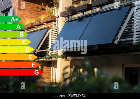 Balkonkraftwerk auf einem Wohnblock, Diagramm mit Energieeffizienzklassen für Gebäude nach GEG, Düsseldorf, Deutschland Stockfoto