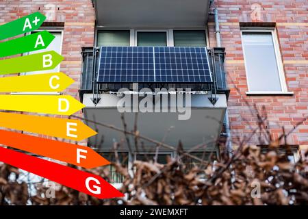 Balkonkraftwerk auf einem Wohnblock, Diagramm mit Energieeffizienzklassen für Gebäude nach GEG, Düsseldorf, Deutschland Stockfoto