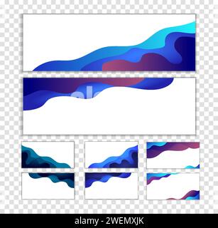 Banner Festlegen. Hintergrund mit blauem abstraktem, mehrschichtigem Wellenmuster. Papierkunst. Vorlage für Poster, Banner, Flyer, Broschüren Stock Vektor