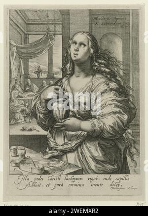 Maria Magdalena, Jan Saenredam, nach Hendrick Goltzius, 1575–1607 Druck Maria Magdalena, weinend, mit einem Krug mit Balsamöl in der Hand. Im Hintergrund zeigt sie die Füße Christi, wenn er zu Gast bei Simon de Pharisee ist. Der Druck hat eine lateinische Unterschrift und ist Teil einer Presseserie mit berühmten Frauen aus dem Neuen Testament Papier, die die Buße Hure Maria Magdalena gravieren; mögliche Attribute: Buch (oder Rolle), Krone, Dornenkrone, Kruzifix, Glas Salbe, Spiegel, Musikinstrument, Palmenzweig, Rosenkranz, Geißel. Christi Füße sind gesalbt von Maria (Magdalena) Stockfoto