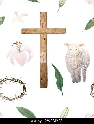 Aquarell Holzkreuz Lamm Pfirsichtönung Lilien nahtloses Muster für Ostern, heiligen Donnerstag, religiöse Illustration isoliert auf weiß Stockfoto