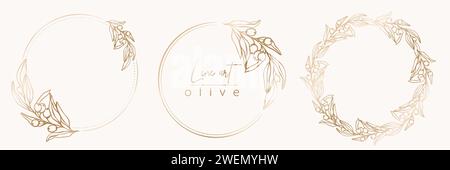 Botanische Linie Illustration Set aus Olivenblättern, Zweigkranz für Hochzeitseinladungen und Karten, Logo Design, Web, soziale Medien und Poster Vorlage. Stock Vektor
