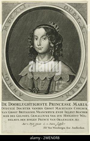 Porträt von Maria Henrietta Stuart, im Alter von 10 Jahren, Cornelis van Dalen (I), nach Anthony Van Dyck, 1641 Druck Porträt von Maria Henrietta in einem Oval mit Rand. Fünf Zeilen niederländischer Text am unteren Rand. Papiergravur/Ätzung Stockfoto