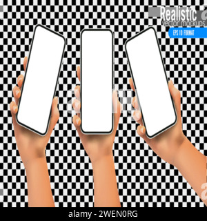 Realistische Vektor-Smartphone-Mockups in der Hand einer Frau. Fotorealistisch und skalierbar, perfekt für Banner oder Werbung für mobile Apps. EPS 10-Format Stock Vektor