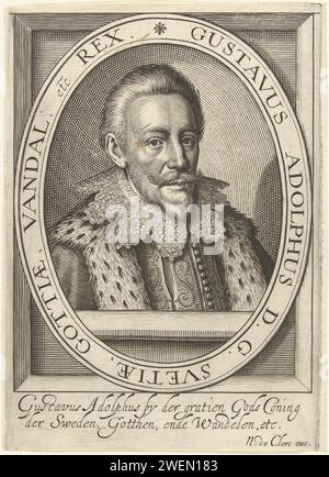 Porträt von Gustaaf II. Adolf, König von Schweden, Willem Jacobsz Delff (abgelehnte Attribution), 1590–1638 Druck Porträt von Gustaaf II. Adolf, König von Schweden, Bruststück mit Spitzenkragen und Mantel im ovalen Rahmen mit lateinischer Inschrift. Zwei Zeilen niederländischer Text am unteren Rand. Papiergravur König Stockfoto