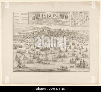 Ankunft der Hollands-englischen Flotte mit König Karl III. In Lissabon, 1704, Anonym, 1704 Print Ankunft der Hollands-englischen Flotte mit König Karl III. (Erzherzog Karel von Österreich) in Lissabon an Bord, 7. März 1704. Blick auf Lissabon mit den Schiffen der Flotte auf dem TAAG-Fluss für die Stadt. Oben links in der Legende, oben rechts eine Wette mit einer Karte von Spanien und Portugal. Papierätzung / Gravur Lissabon Stockfoto