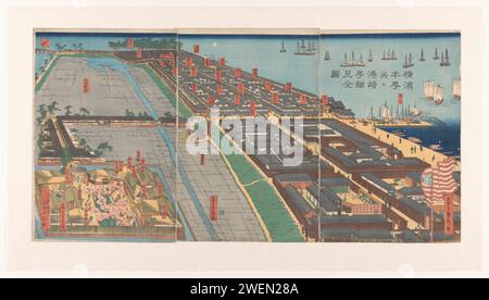 Überblick über den Bezirk Honcho und das Viertel Miyozaki in Yokohama, Utagawa Sadahide, 1860 drucken Sie Ein Gesicht auf Yokohama. Die roten Beschriftungen geben die Namen der verschiedenen Standorte an. Das Unterhaltungsviertel Miyozaki befindet sich auf der linken Seite, wo die Courtisanes lebten und arbeiteten. Die Ausländer wohnten im Bezirk unten rechts, in der Nähe des Hafens. Die Japaner selbst wohnten in der Gegend oben rechts. (Yokohama-e Triptics). Papier Aussicht auf die Stadt, Stadtpanorama, Silhouette der Stadt Yokohama Stockfoto