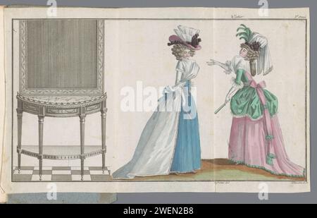 Store of New French and English Modi, 20. September 1788, 3. Jahr, 31. Notizbuch, pl. 1, 2 und 3, A. B. Duhamel, nach Defreine, 1788 von links nach rechts: Penant Table, Frau in weißem Gewand à l'Anglaise, Frau in Négligé du Serrail. Die Kleider wurden von Mlle Tournon entworfen, „Maitrese Couturière“. Ihr Geschäft befand sich in der Rue de la Monnaie in der Nr. 41 und wurde als Adresse empfohlen, wo die Leute Kleidung „nach dem neuesten Geschmack“ fanden. Der Druck ist Teil der 31. Cahier, 3. Année, aus dem Magasin des Modes Nouvelles Francaises et Anglaises. Die Serie besteht aus 172 Modedrucken, die veröffentlicht wurden Stockfoto