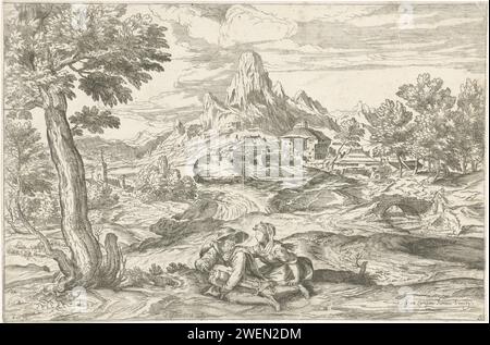 Berglandschaft mit Hingerspieler Valentin Lefèbvre, nach Domenico Campagnola, nach Tizian, 1682 Druck Berglandschaft mit einem bärtigen alten Mann im Vordergrund, der Musik mit einer Drehleier macht. Er sieht eine junge Frau an, die ihren Arm um seine Schulter gelegt hat. In der Ferne fließt ein Bach und Häuser. Der Druck ist Teil einer 53-teiligen Serie von Drucken zu Gemälden von Tizian und Veronese. Papiergravur von Landschaften mit Gewässern, Wasserlandschaften, Meereslandschaften (in der gemäßigten Zone). Drehleier - CC - draußen Stockfoto