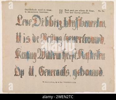 Alter niederländischer Mut und Loyalität, / nie zusammengebrochen, / aber nie so sauber wie jetzt, / für einen ganzen Euroop, 1828 - 1913 Druck Blatt mit 4 Reihen mit Gedicht zu Ehren von General Dibbets in Fantasy-Buchstaben bestehend aus Locken, Figuren und Steinen. Rechts oben nummeriert: Nr. 52. Papier Buchdruck Buchstaben, Alphabet, Schrift. Schicke Buchstaben Stockfoto