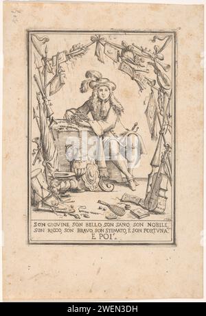 Allegorie der Leichtigkeit des Seins, 1702 Druck ein elegant gekleideter junger Mann sitzt am Tisch mit einem Berg Münzen davor. Er ist umgeben von Attributen der Kunst, des Spiels und der Unterhaltung seines Standes, einschließlich Waffen, eines Tennisschlägers, Musikbüchern, Musikinstrumenten und einer Ritterschaft. Die Unterschrift führt den Mann beim Sprechen aus. Papierätzende Person(en), die zwischen Objekten sitzt und ein „Vanitas“-Stillleben bildet. Szenen, die „Vanitas“ symbolisieren. Musikinstrumente; Gruppe von Musikinstrumenten. Sport, Spiele und körperliche Darbietungen Stockfoto