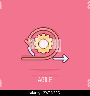 Agile Legende im Comic-Stil. Flexible Zeichentrickvektorillustration auf isoliertem Hintergrund. Geschäftskonzept mit dem Pfeil-Zyklus-Splash-Effekt. Stock Vektor