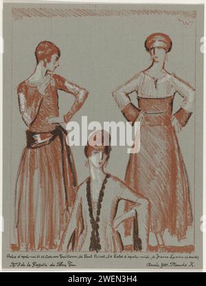 Gazette du Bon Tone, 1921-No 3, Pl. X: Nachmittagskleid und Schneiderkostüm, von Paul Poiret, und Nachmittagskleid, von Jeanne Lanvin, Porter Woodruff, 1921 zwei Frauen, von denen eine auf halbem Weg ist, tragen ein Nachmittagskleid und einen Anzug von Paul Poiret. Die Frau auf der rechten Seite trägt ein Nachmittagskleid von Jeanne Lanvin. Planche X aus einer Reihe von vier Lithographien mit dem Titel „Les Modes and L'an de Grace MIL Neuf Cent Vingt UN“, aus der Gazette du Bon Ton 1921, Nr. 3. Erläuterung der Kleidung auf Seite „Explication des Planches“. Papierteller. Kleid, Kleid: Tageskleid (+ Damenkleidung Stockfoto