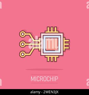 Computerchip-Symbol im Comic-Stil. Illustration des Zeichentrickvektors der Leiterplatte auf isoliertem Hintergrund. Geschäftskonzept des CPU-Prozessors mit Splash-Effekt. Stock Vektor