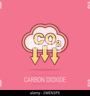 CO2-Symbol im Comic-Stil. Illustration des Emissions-Cartoon-Vektors auf isoliertem Hintergrund. Geschäftskonzept zur Gasreduzierung: Spritzwasser-Effekt. Stock Vektor