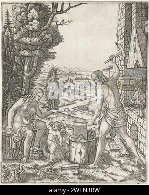 Vulcanus schmiedet Pfeile und Flügel für Amor in Gegenwart der Venus, Marcantonio Raimondi, 1510–1527 Druckpapierstich Vulkan schmiedet Flügel und Pfeile von Cupid. Venus kümmert sich um Cupid Stockfoto