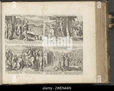 David teilt seine Armee in drei / Tod von Absalom / Rückkehr von David nach Jerusalem / Joab erhält den Kopf von Seba, 1653–1654 drucken vier Aufführungen in einem Album-Magazin über Davids Leben, nummeriert von 37 bis 40. Links oben teilt David seine Truppen in drei Teile auf, um Absalom zu bekämpfen. Ein dritter Teil unterstand Joab, ein dritter Teil unter dem Kommando seines Bruders Abisai und ein dritter Teil unter dem Kommando der Gatite ItTai. Darüber hinaus wird dargestellt, wie Absalom, als er sein Maultier unter einen Terpentin-Baum trieb, in den Zweigen verwirrt wurde und von Joab mit seinem Tod erstochen wurde Stockfoto