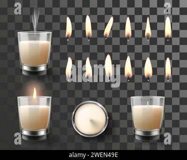 Set von Wachskerzen in Glas Kerzenleuchter und Lichter von Kerzen Flammen verschiedene Formen isoliert auf transparentem Hintergrund. Kerzenlicht, Aromatherapie, Stock Vektor