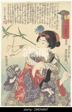 Groen, 1844 Druck Junge Frau mit roter Schleife und blauem Dekor in ihr, die sich zu weißem Papiervogel umsieht, der an grünem Bambuszweig hängt, den sie in ihrer rechten Hand über die Schulter trägt. Papierfarbe Holzschnitt Erwachsene Frau. Vögel Stockfoto