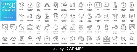 Kundendienst und Support – Gliederung von Symbolen. Die dünne Linie enthält Symbole wie Online-Hilfe, Helpdesk, Quick Response, Feedback und mehr. Stock Vektor