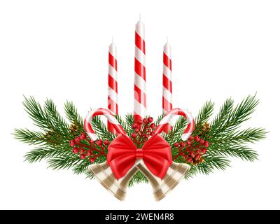 Weihnachtliche weiß- und rot gestreifte Wachskerzen kombiniert mit Zweigen von Weihnachtsbäumen, Zuckerstangen, leuchtend roter Schleife und Goldglocken, isoliert auf W Stock Vektor