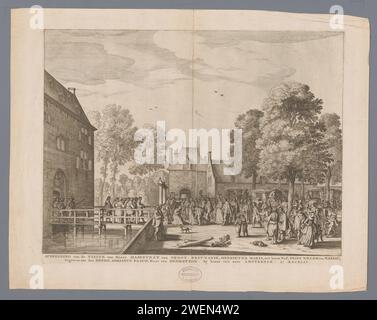 Besuch von Königin Henrietta Maria zu Adriaen Pauw am Slot in Heemstede, 1642, Claes Jansz. Visscher (II) (möglich), nach Jan Martszen de Jonge, in oder nach 1642 drucken der Besuch der englischen Königin Henrietta Maria und Prinz Wilhelm II. Bei Adriaen Pauw am Slot in Heemstede, 8. September 1642. Die Gesellschaft wird am Tor begrüßt, links das Schloss. Papierätzung Besuch; Empfang von Gästen; elegante Gesellschaft. Schloss Heemstede. Das alte Schloss Stockfoto