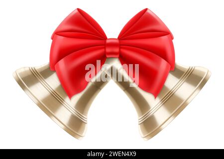 Zwei goldene Metallglocken mit roter Schleife auf weißem Hintergrund, Weihnachtssymbol, Schulglocke, Vintage-Glocke. Realistischer 3D-Effekt. Vektorillustrat Stock Vektor