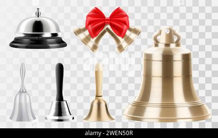 Set aus verschiedenen Glocken, Gold- und Silberglocken, Hotelservice-Glocke, Weihnachtsglocken mit roter Schleife, Handglocke mit Holzgriff isoliert auf Transparent Stock Vektor