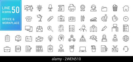 Linien-Symbole für Büro und Arbeitsplatz , Sammlung von Coworking-Symbolen. Große UI-Symbolgruppe in einem flachen Design. Symbolpaket für dünne Konturen. Vektorabbildung, flach Stock Vektor