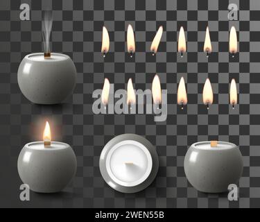 Set von parfümierten Sojabauchzen im Glasgefäß und Lichter von Kerzen Flammen verschiedene Formen isoliert auf transparentem Hintergrund. Kerzenlicht, Aroma Stock Vektor