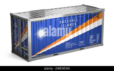 Frachtcontainer mit Nationalflagge der Marshallinseln auf weißem Hintergrund - 3D-Illustration Stockfoto